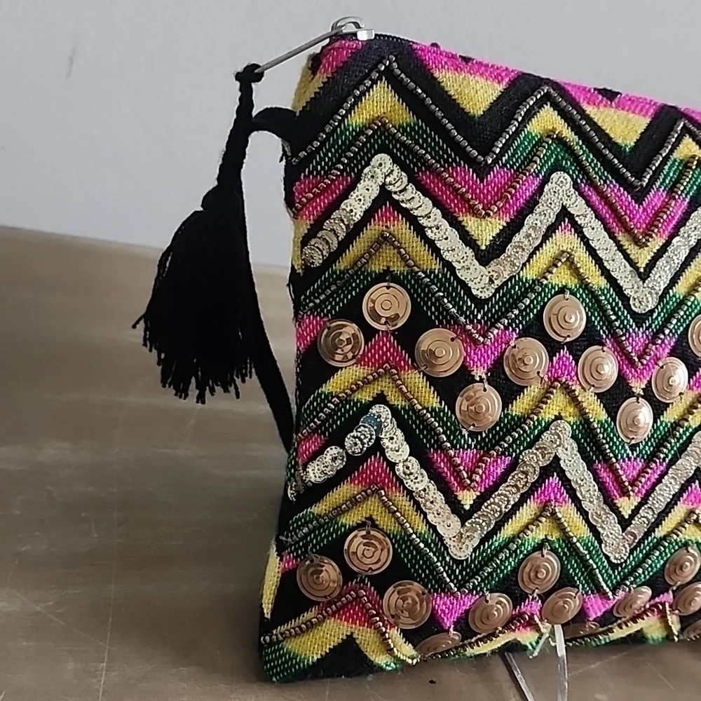 Bohemian Colorful Zigzag Embroidered Crossbody Clutch with Tassel